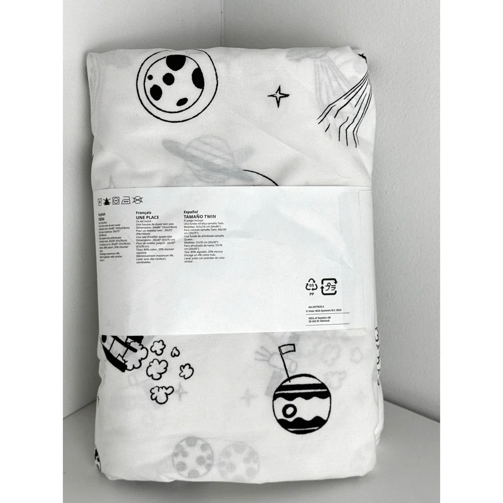 IKEA AFTONSPARV Twin Duvet Cover Set Space UFO Planet White Black 905.540.34 NEW
